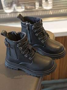1 par Botas de combate de niños para niñas, 2023 otoño colección, negro PU, resistente al desgaste suela, casual estilo - Negro - Ver 6
