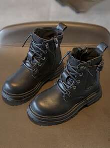 1 par Botas de combate de niños para niñas, 2023 otoño colección, negro PU, resistente al desgaste suela, casual estilo - Negro - Ver 7