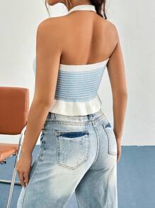 Flirla Mẫu đồ họa Xù Hoa Sen Dây Knit ngọn - Màu xanh lam - Xem 2