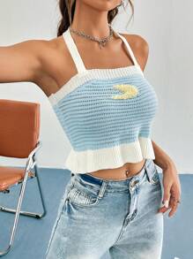 Flirla Mẫu đồ họa Xù Hoa Sen Dây Knit ngọn - Màu xanh lam - Xem 4