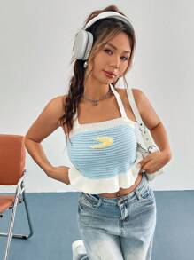 Flirla Mẫu đồ họa Xù Hoa Sen Dây Knit ngọn - Màu xanh lam - Xem 5