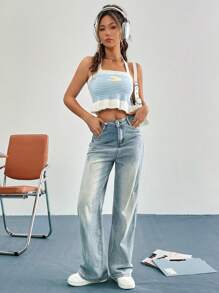 Flirla Mẫu đồ họa Xù Hoa Sen Dây Knit ngọn - Màu xanh lam - Xem 6