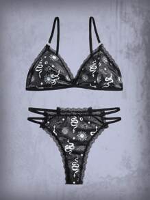 ROMWE Goth Sun & Snake Print Lace Trim Lingerie Set - Black and White - View 1