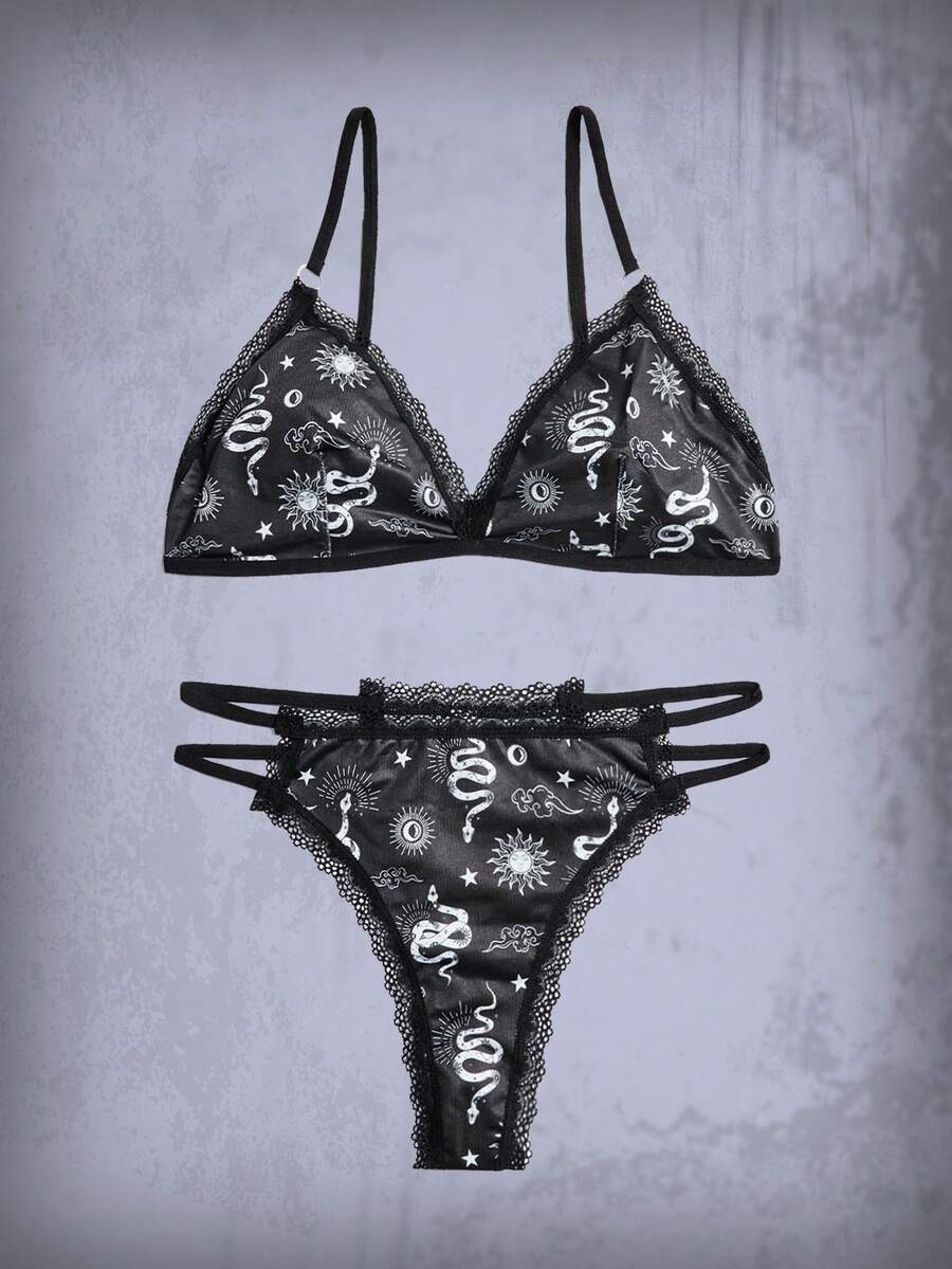 ROMWE Goth Sun & Snake Print Lace Trim Lingerie Set - Black and White - View 1