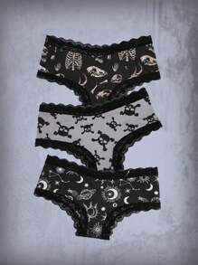 ROMWE Goth 3 piezas Set bragas con estampado de cráneo con encaje en contraste - Multicolor - Ver 1