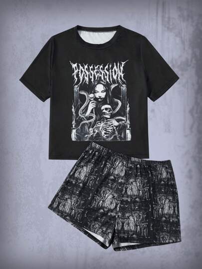 Goth Letter Skull Graphic Tee & Snake Graphic Shorts PJ Set