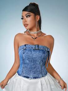 SHEIN ICON 大碼帶扣細節抹胸牛仔上衣 - 淺色水洗藍 - 查看 1