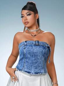 SHEIN ICON 大碼帶扣細節抹胸牛仔上衣 - 淺色水洗藍 - 查看 4