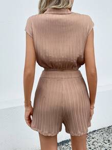 SHEIN Essnce 素色前紐扣襯衫&短褲 - 棕色 - 查看 2