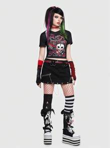 ROMWE Avant Scene Outfits 骷髅印花短款 T 恤 朋克，学校 - 黑色 - 查看 1