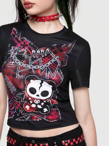ROMWE Avant Scene Outfits 骷髅印花短款 T 恤 朋克，学校 - 黑色 - 查看 2