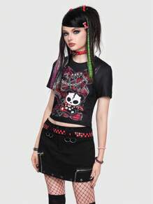 ROMWE Avant Scene Outfits 骷髅印花短款 T 恤 朋克，学校 - 黑色 - 查看 4