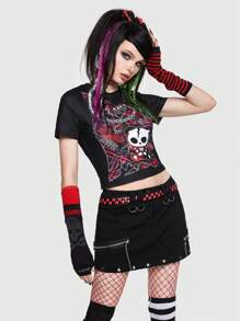 ROMWE Avant Scene Outfits 骷髅印花短款 T 恤 朋克，学校 - 黑色 - 查看 6