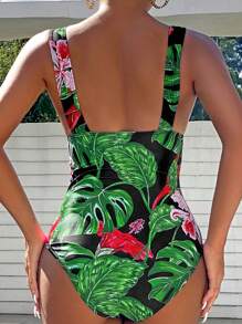 SHEIN Swim Bañador una pieza push up con estampado tropical - Negro - Ver 2