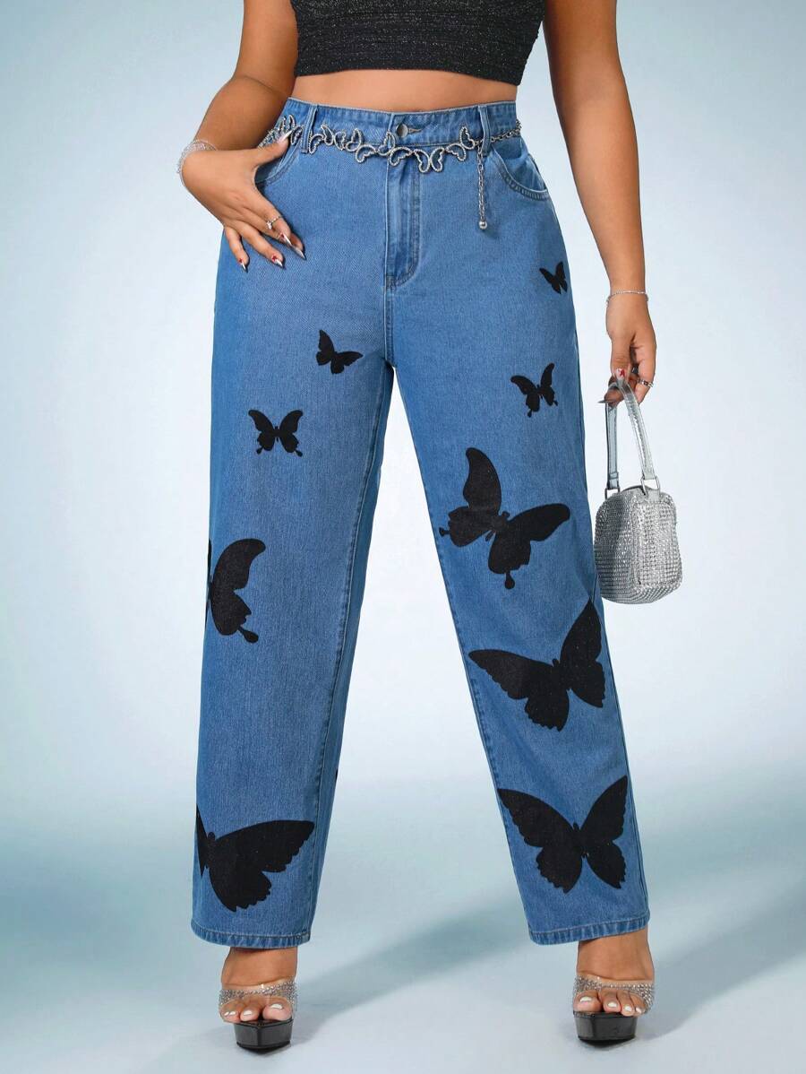 SHEIN ICON Plus Butterfly Print Straight Leg Jeans - Medium Wash - View 1