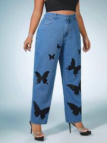 SHEIN ICON Plus Butterfly Print Straight Leg Jeans - Medium Wash - View 6