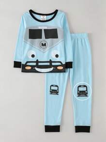 Young Boy Cartoon Graphic Contrast Binding PJ Set - Blue - View 1