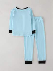 Young Boy Cartoon Graphic Contrast Binding PJ Set - Blue - View 2