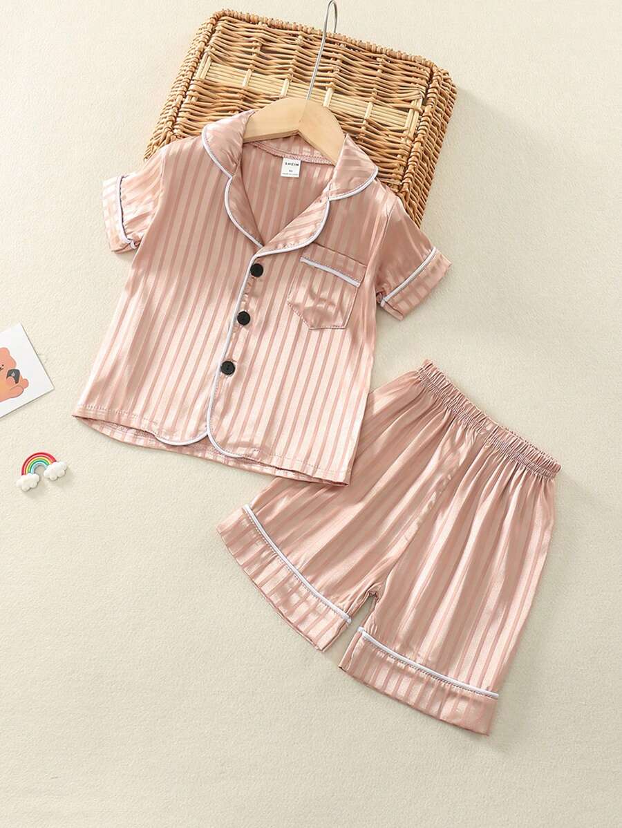 Cô Gái Trẻ Contrast Piping Cổ áo Xa ten Bộ PJ - Màu be - Xem 1