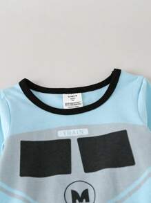 Young Boy Cartoon Graphic Contrast Binding PJ Set - Blue - View 4