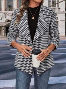 SHEIN Clasi 滿版印花開門襟粗花呢花呢外套 - 黑與白 - 查看 4