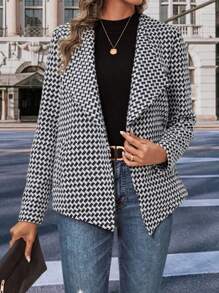 SHEIN Clasi 滿版印花開門襟粗花呢花呢外套 - 黑與白 - 查看 6