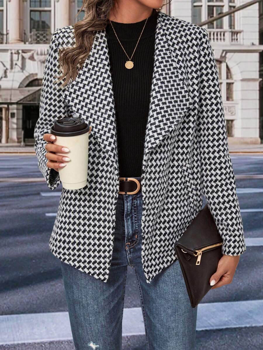 SHEIN Clasi 滿版印花開門襟粗花呢花呢外套 - 黑與白 - 查看 1