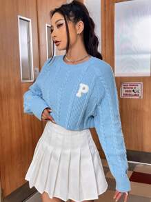 SHEIN Qutie Mẫu chữ Tay Raglan Xoắn Dan Áo len - Màu xanh lam - Xem 3
