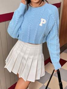 SHEIN Qutie Mẫu chữ Tay Raglan Xoắn Dan Áo len - Màu xanh lam - Xem 4
