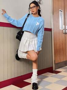 SHEIN Qutie Mẫu chữ Tay Raglan Xoắn Dan Áo len - Màu xanh lam - Xem 5