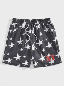 ROMWE MEN Street Life 男士星星与字母图案抽绳腰短裤，学校 - 灰色 - 查看 1