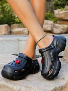 Waterproof Round Toe Casual Sandals, Minimalist Black Heart Outdoor Holiday Slip On Thick Sole EVA Clogs - Black - View 1