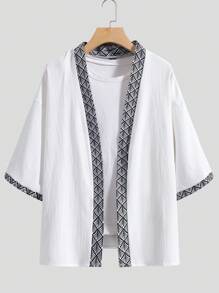 ROMWE MEN Guys Contrast Trim Drop Shoulder Kimono Without Tee - White - View 1