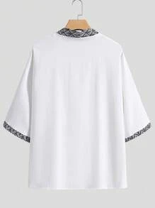 ROMWE MEN Guys Contrast Trim Drop Shoulder Kimono Without Tee - White - View 2