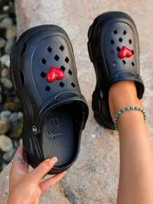 Waterproof Round Toe Casual Sandals, Minimalist Black Heart Outdoor Holiday Slip On Thick Sole EVA Clogs - Black - View 2