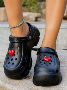 Waterproof Round Toe Casual Sandals, Minimalist Black Heart Outdoor Holiday Slip On Thick Sole EVA Clogs - Black - View 4