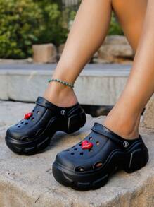 Waterproof Round Toe Casual Sandals, Minimalist Black Heart Outdoor Holiday Slip On Thick Sole EVA Clogs - Black - View 5