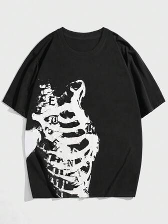 Grunge Punk Camiseta gráfica con esqueleto para hombres, para Halloween, escuela