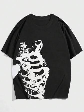 Grunge Punk Men Skeleton Graphic Tee