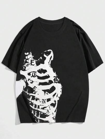 Grunge Punk Men Skeleton Graphic Tee For Halloween, School