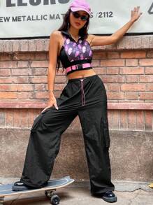 SHEIN Unity 女式夏季休闲蝴蝶结印花短款背心和工装裤两件套 - 黑色 - 查看 1