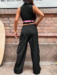 SHEIN Unity 女式夏季休闲蝴蝶结印花短款背心和工装裤两件套 - 黑色 - 查看 2