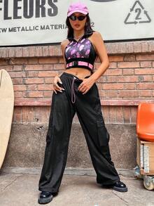 SHEIN Unity 女式夏季休闲蝴蝶结印花短款背心和工装裤两件套 - 黑色 - 查看 4