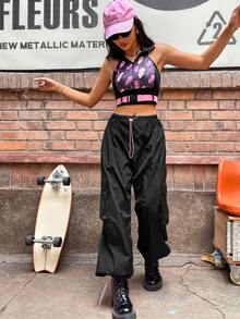 SHEIN Unity 女式夏季休闲蝴蝶结印花短款背心和工装裤两件套 - 黑色 - 查看 6