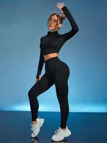 Easithlete Seamless Thumbholes Top-stitching Zipper Sports Set - Black - View 3