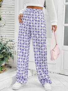 SHEIN Unity 格紋印花直筒褲 - 紫丁香色 - 查看 1