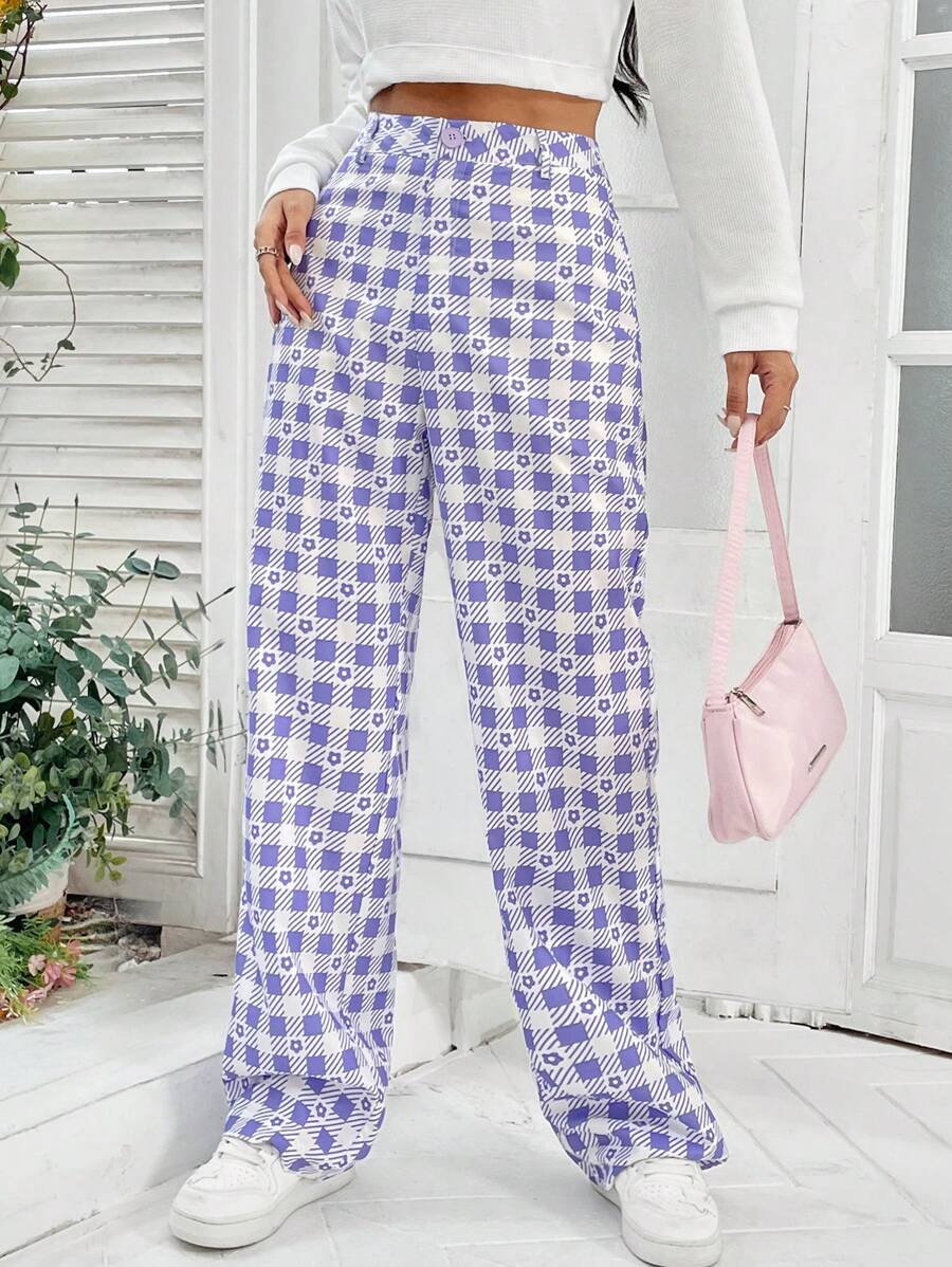 SHEIN Unity 格紋印花直筒褲 - 紫丁香色 - 查看 1