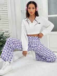 SHEIN Unity 格紋印花直筒褲 - 紫丁香色 - 查看 4