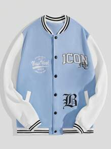 ROMWE MEN Prep Hombres Cazadora de universidad con estampado de letra ribete de rayas de color combinado térmico - Azul y blanco - Ver 1