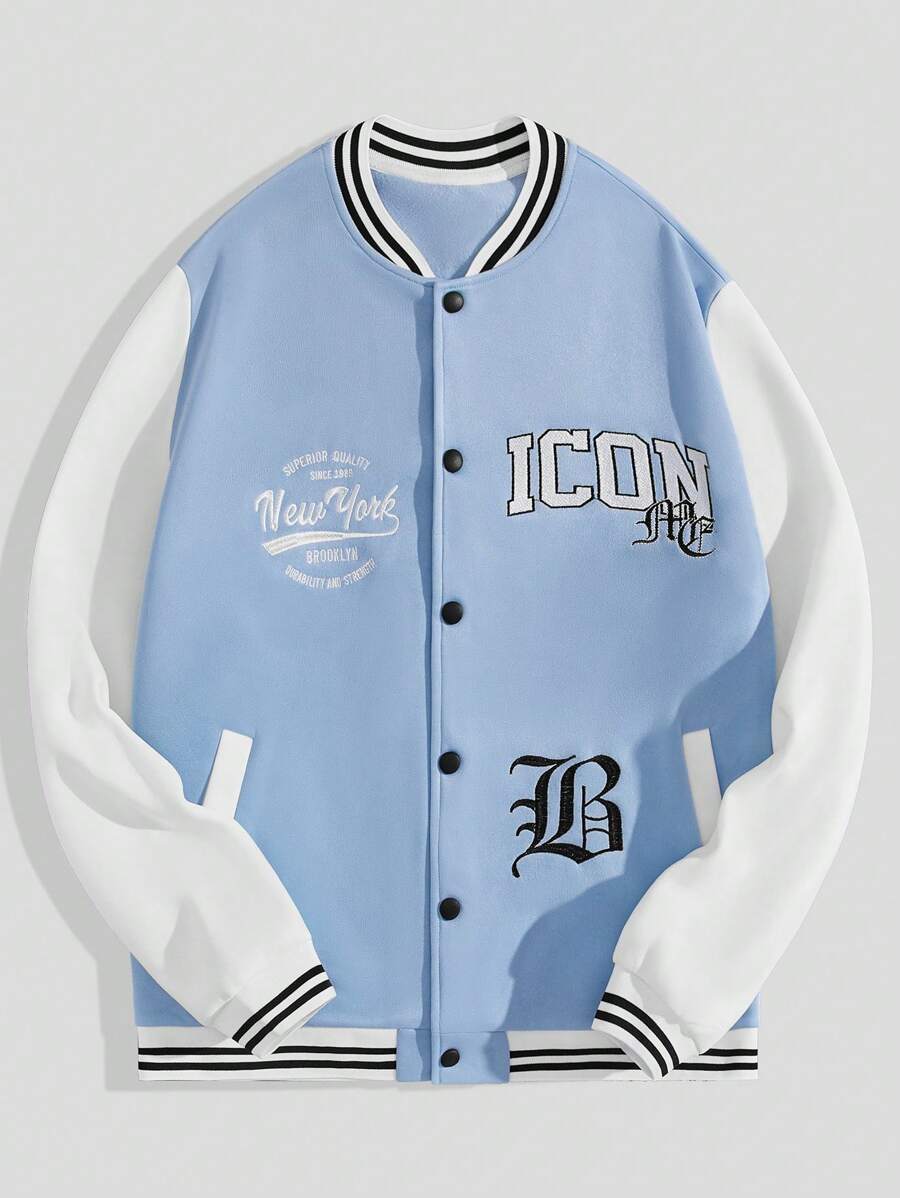 ROMWE MEN Prep Hombres Cazadora de universidad con estampado de letra ribete de rayas de color combinado térmico - Azul y blanco - Ver 1